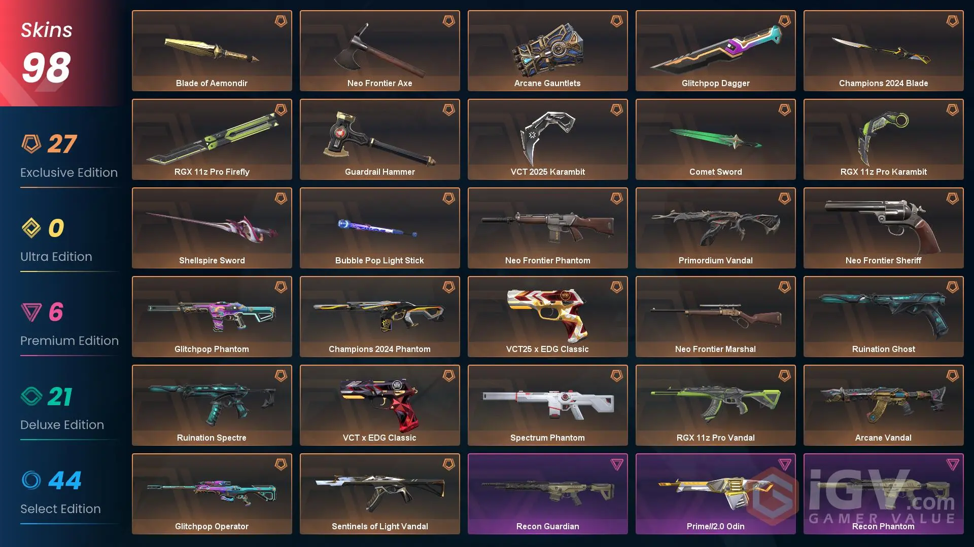 PC | Platinum Peak | Blade of Aemondir | RGX 11z Pro Vandal | 98 Skins | Full Email