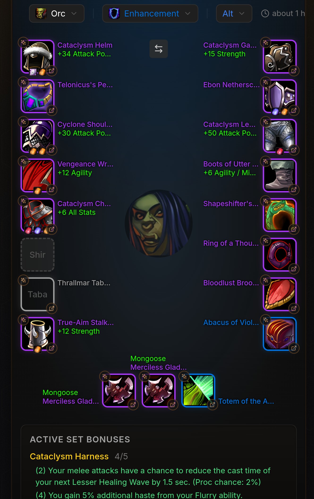 70 Shaman | 1872 Gearscore | 124 Item Level | 200 Gold | 4/5 T5, S2 Glad Weps, Totem | Healing Offset Gear