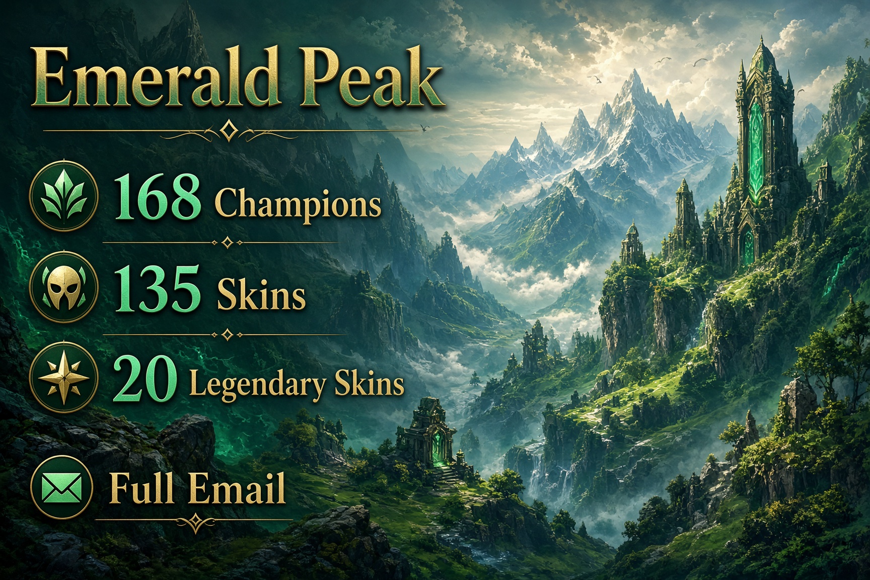 Emerald Peak | 168 Champions | 135 Skins | 20 Legendary Skins | Full Email