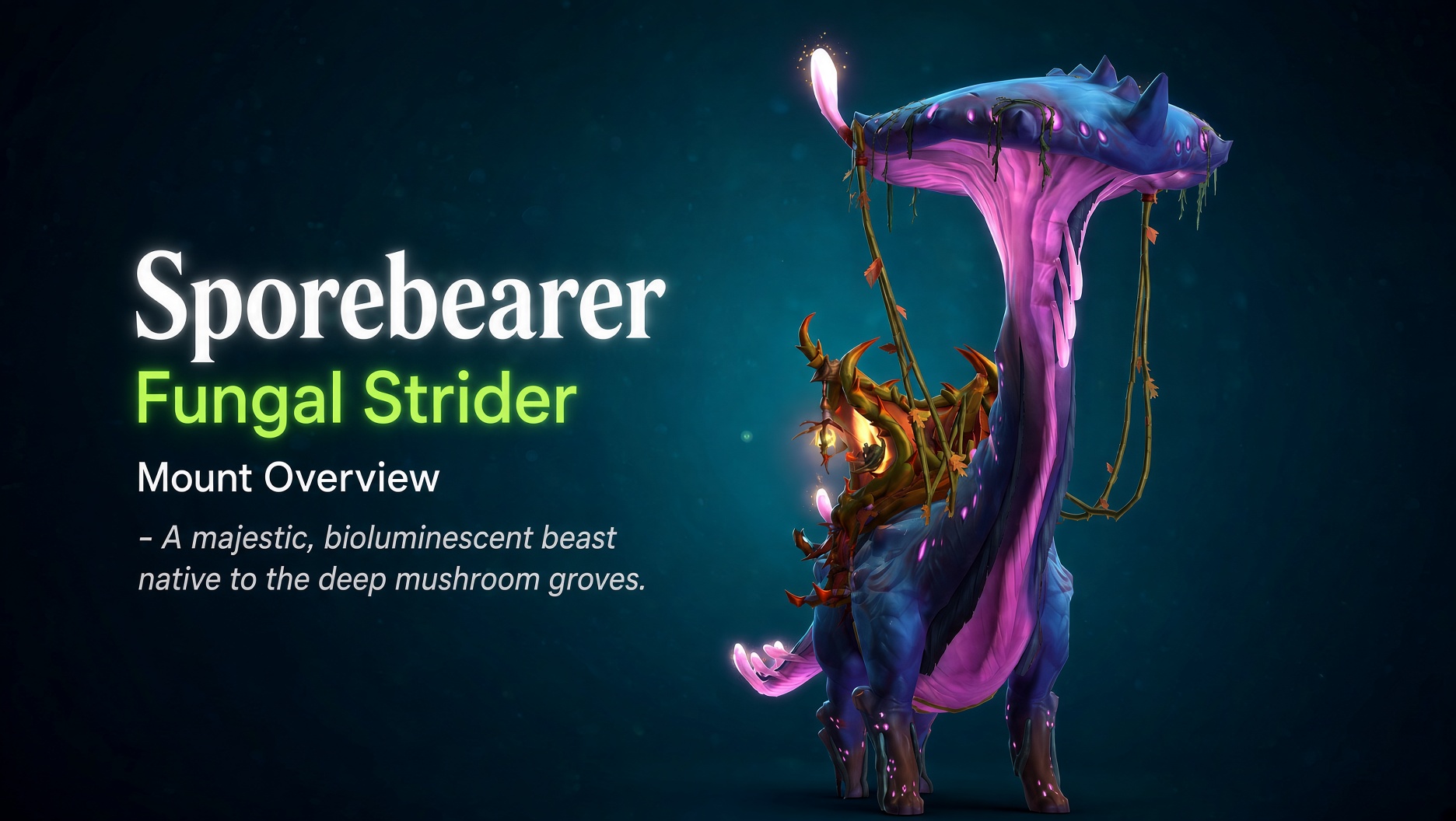 Sporebearer Fungal Strider mount overview — bioluminescent fungal strider with vine saddle