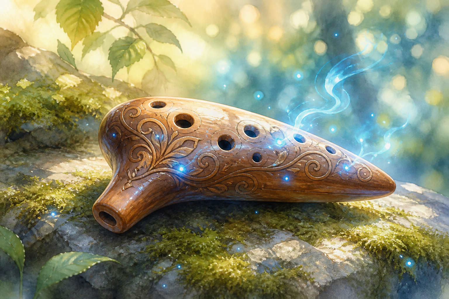 Soft fantasy illustration of a wooden ocarina glowing on mossy stone
