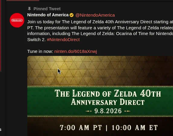 Nintendo of America X post announcing The Legend of Zelda 40th Anniversary Direct featuring Ocarina of Time for Nintendo Switch 2