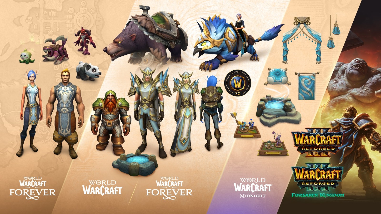 World of Warcraft Forever upgrade pack promotional collage with Skyborne cosmetics