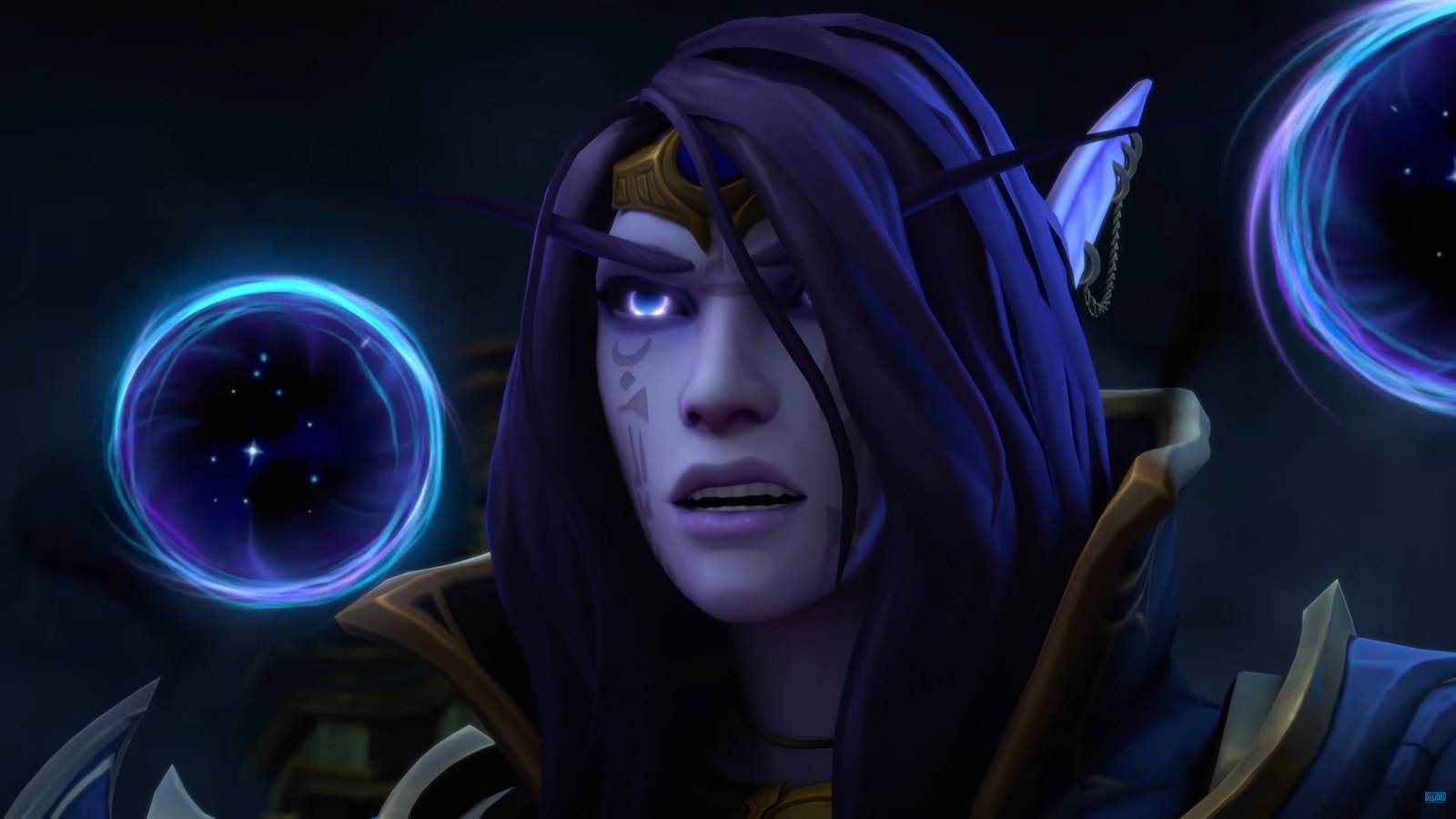 Alleria Windrunner with void orbs — Midnight Eclipse cinematic still